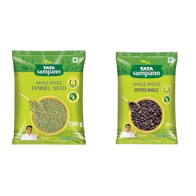 Tata Sampann Fennel Seed (Saunf), Whole Spices 200g + Tata Sampann Black Pepper Whole, 100g