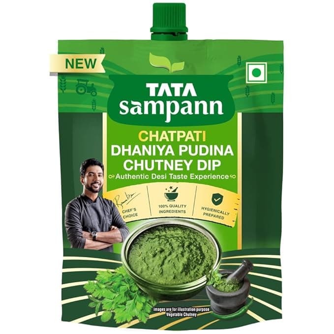 Tata Sampann Chatpati Dhaniya Pudina Chutney Dip, Made with Fresh Coriander and Mint, Tangy and Flavorful, Hari Chutney, Ready to eat, Pairs well with Parathas, Chaats & Snacks, 1 200 g