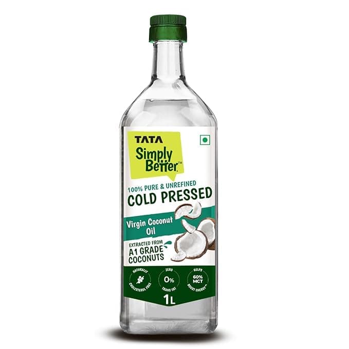 Tata Simply Better Pure and Unrefined Cold Pressed Virgin Coconut Oil, Naturally Cholesterol Free, 1L