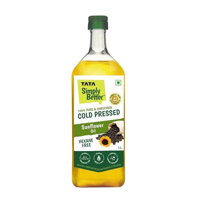 Tata Simply Better Pure & Unrefined Cold Pressed Sunflower Oil, Hexane Free, Kolhu/Chekku, Cholesterol Free, Provides 6 Omega 6 PUFA, Contains Natural Antioxidants, For All types of Cuisines, 1L