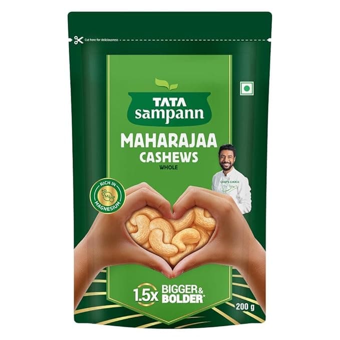 Tata Sampann Maharajaa Cashews/Kaju (Whole), Source of Protein, Magnesium, Phosphorus, Dietary Fibre, Chef Ranveer Brar’s Choice, 200g