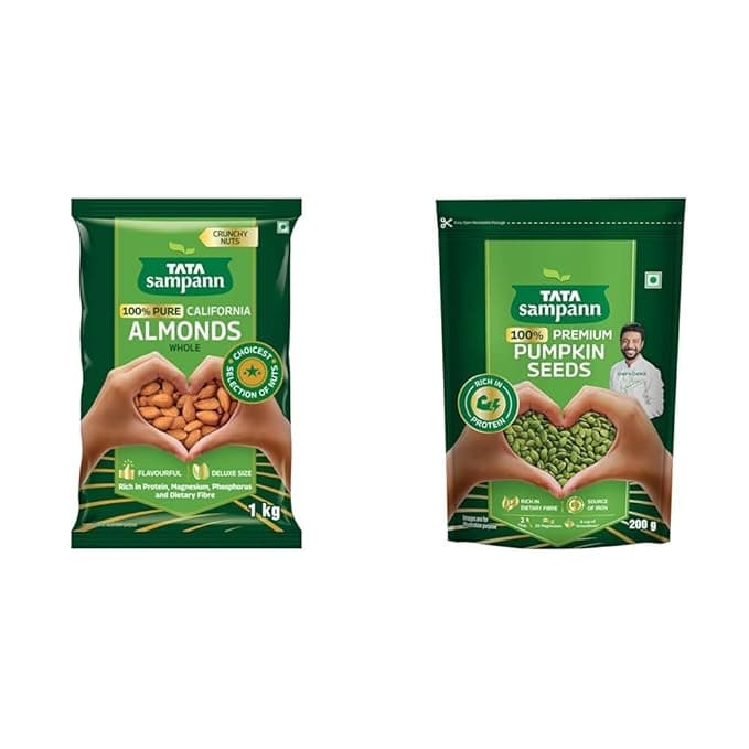 Tata Sampann Pure California Almonds Whole, 1kg, Real Nuts, High In Fiber, Badam Giri, Rich In + Tata Sampann Pumpkin Seeds, 200g, Rich in Protein, Dietary Fibre, Magnesium & Phosphorus, Raw &