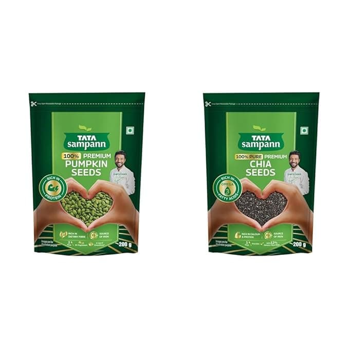 Tata Sampann Pumpkin Seeds, 200g, , Rich in Protein, Dietary Fibre, Magnesium & Phosphorus, Raw & + Tata Sampann Pure Chia Seeds, 200g, Rich in Calcium & Protein, Source of Iron, Trans Fat Free,