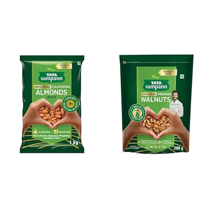 Tata Sampann Pure California Almonds Whole, 1kg + Tata Sampann Pure Walnuts/Akhrot, 200g