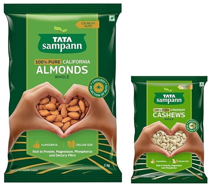 Tata Sampann Pure California Almonds Whole | 1kg Value Pack & Tata Sampann Pure Cashews Whole| 500g