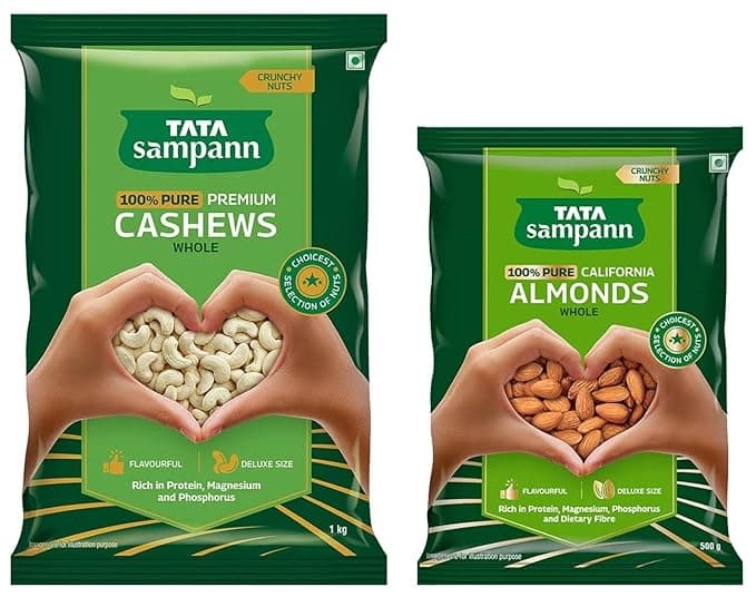 Tata Sampann Pure Cashews Whole| 1kg Value Pack & Tata Sampann Pure California Almonds Whole & Dry Fruits | 500g