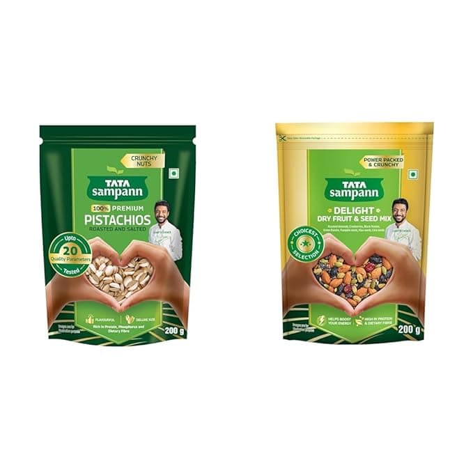 Tata Sampann Pistachios Roasted & Salted, Pista, 200g + Tata Sampann Delight Dry Fruit & Seed Mix | Power Packed & Crunchy Snack | Trail Mix | High in