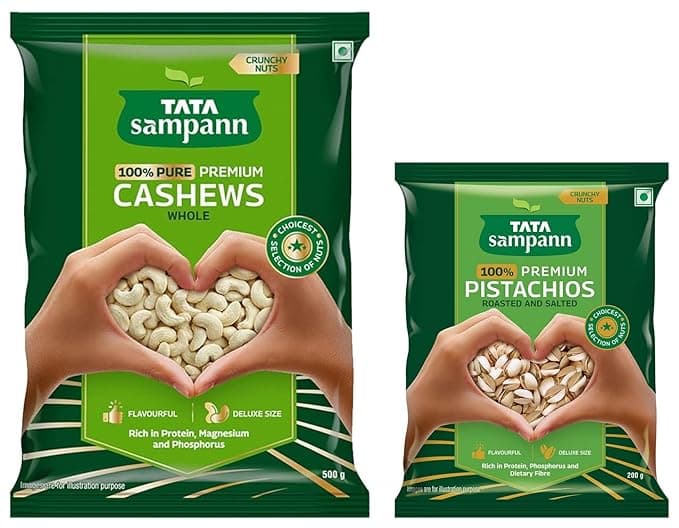 Tata Sampann Pure Cashews Whole| 500g & Tata Sampann Pistachios Roasted and Salted | 200g