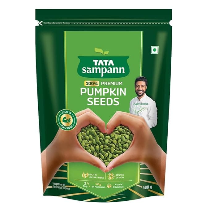 Tata Sampann Pumpkin Seeds, 500g, Rich in Protein, Dietary Fibre, Magnesium & Phosphorus, Raw & Unroasted Pumpkin Seeds, Source of Iron & Zinc, Handpicked Seeds, Resealable Pack