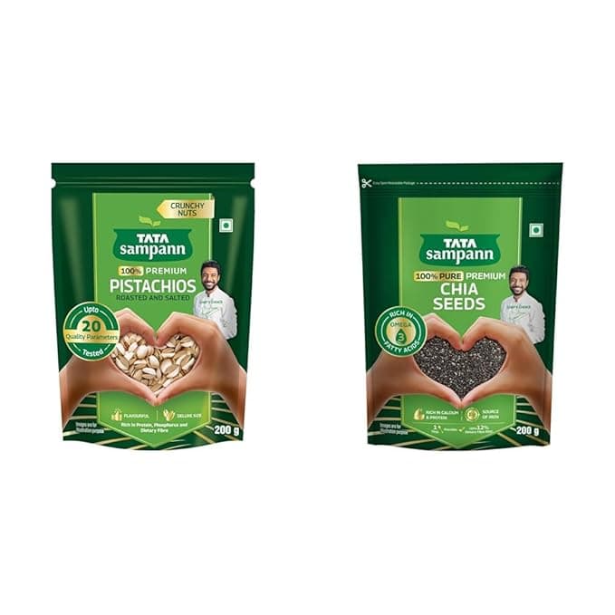 Tata Sampann Pistachios Roasted & Salted, Pista, 200g + Tata Sampann Pure Chia Seeds, 200g