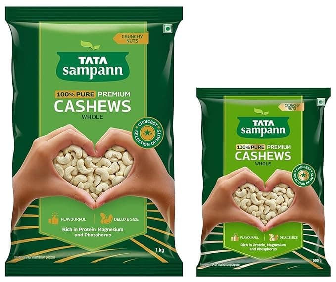 Tata Sampann Pure Cashews Whole| 1kg Value Pack & Tata Sampann Pure Cashews Whole| 500g