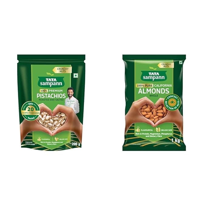 Tata Sampann Pistachios Roasted & Salted, Pista, 200g, Rich In Protein, Phosphorus, & Dietary Fibre, + Tata Sampann Pure California Almonds Whole, 1kgn Prote