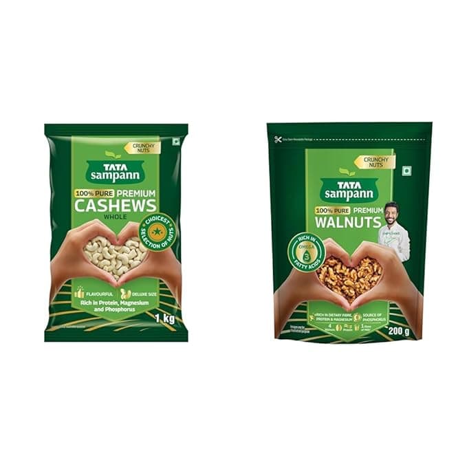 Tata Sampann Pure Cashews Whole, Kaju, 1 Kg, Nutritious & Delicious, Rich In Protein, Magnesium & Ph + Tata Sampann Pure Walnuts/Akhrot, 200g