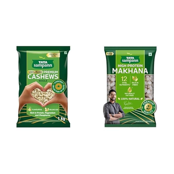Tata Sampann Pure Cashews Whole, Kaju, 1 Kg, Nutritious & Delicious, Rich In Protein, Magnesium & Ph + Tata Sampann, Natural High Protein Makhana, 200g