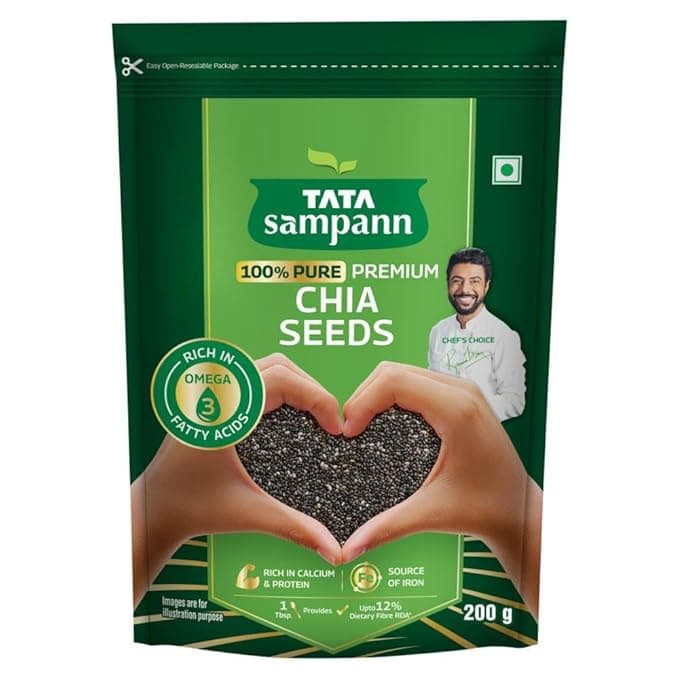 Tata Sampann Pure Chia Seeds, 200g Rich in Calcium & Protein, Source of Iron, Trans Fat Free, Rich in Magnesium, Rich in dietary fibre, Rich In Omega 3 Fatty Acid