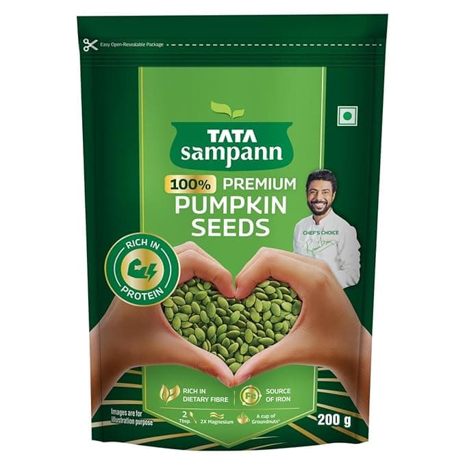 Tata Sampann Pumpkin Seeds, 200g, Rich in Protein, Dietary Fibre, Magnesium & Phosphorus, Raw & Unroasted Pumpkin Seeds, Source of Iron & Zinc, Handpicked Seeds, Resealable Pack
