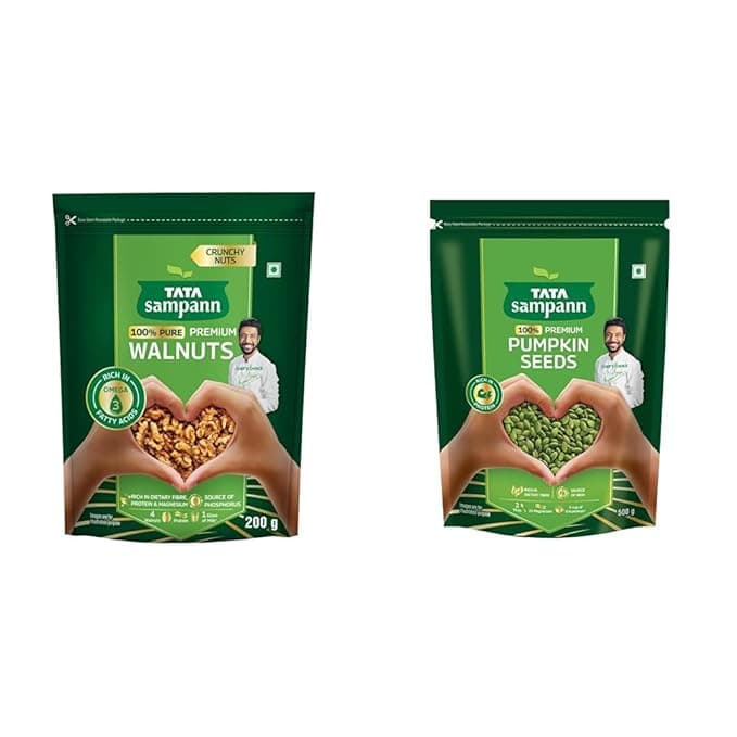 Tata Sampann Pure Walnuts/Akhrot, 200g, Crunchy Nuts, Rich in Dietary Fibre, Protein & Magnesium + Tata Sampann Pumpkin Seeds, 500g, Rich in Protein, Dietary Fibre, Magnesium & Phosphorus, Raw & Unro