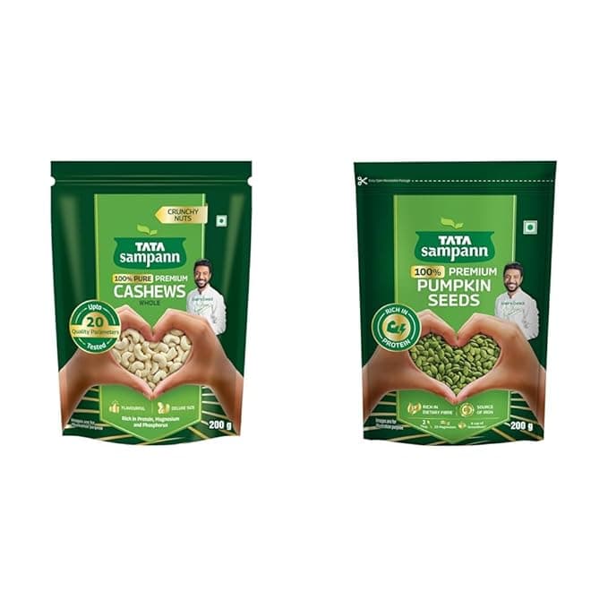 Tata Sampann Pure Cashews Whole/Kaju, 200g, Nutritious & Delicious, Premium Kaju nuts, Rich in + Tata Sampann Pumpkin Seeds, 200g, Rich in Protein, Dietary Fibre, Magnesium & Phosphorus, Raw &
