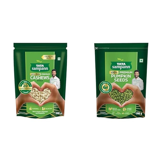 Tata Sampann Pure Cashews Whole/Kaju, 500g, Nutritious & Delicious, Premium Kaju nuts, Rich in + Tata Sampann Pumpkin Seeds, 500g, Rich in Protein, Dietary Fibre, Magnesium & Phosphorus, Raw &