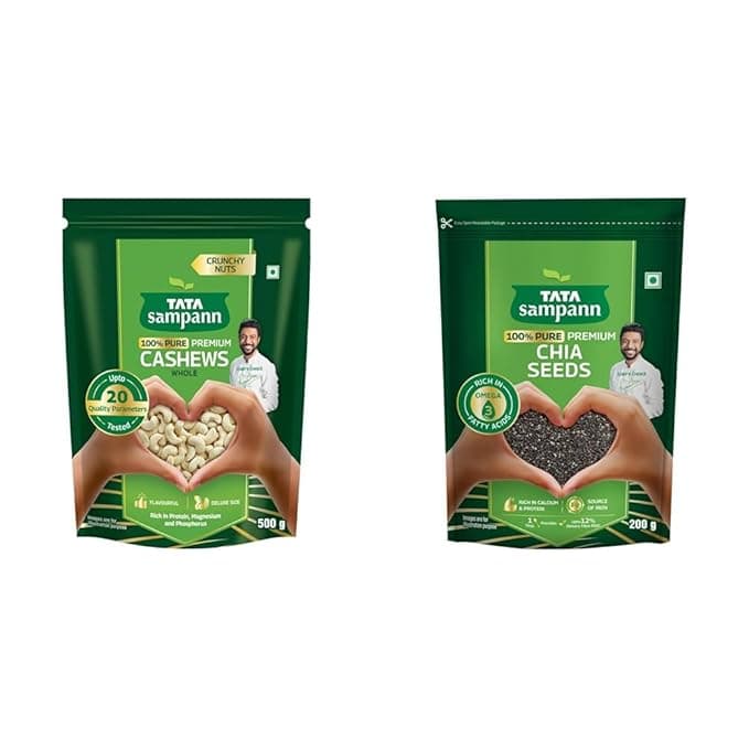 Tata Sampann Pure Cashews Whole/Kaju, 500g, Nutritious & Delicious, Premium Kaju nuts, Rich in + Tata Sampann Pure Chia Seeds, 200g, Rich in Calcium & Protein, Source of Iron, Trans Fat Free,
