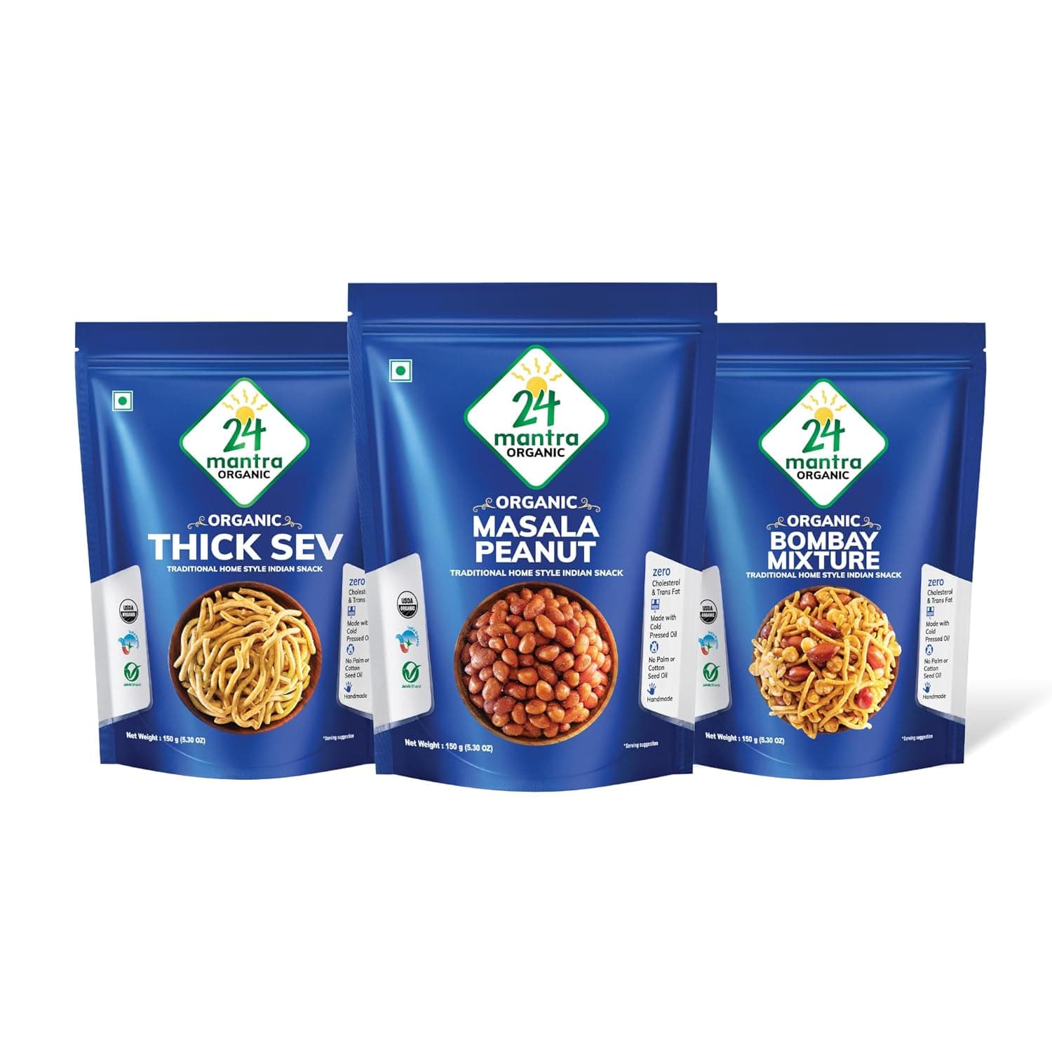 24 Mantra Organic Lip Smacking Clean Snacking Combo - Masala Peanuts, Thick Sev & Bombay Mixture - Pack of 3 (450g)