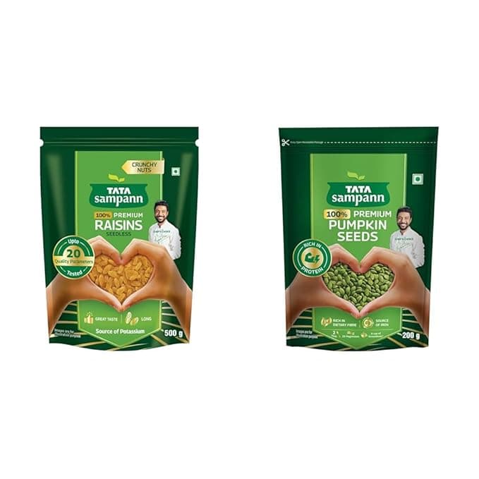 Tata Sampann Pure Raisins Seedless/Kishmish, 500g, Source Of Potassium, Premium Dry Fruits, + Tata Sampann Pumpkin Seeds, 200g, Rich in Protein, Dietary Fibre, Magnesium & Phosphorus, Raw &