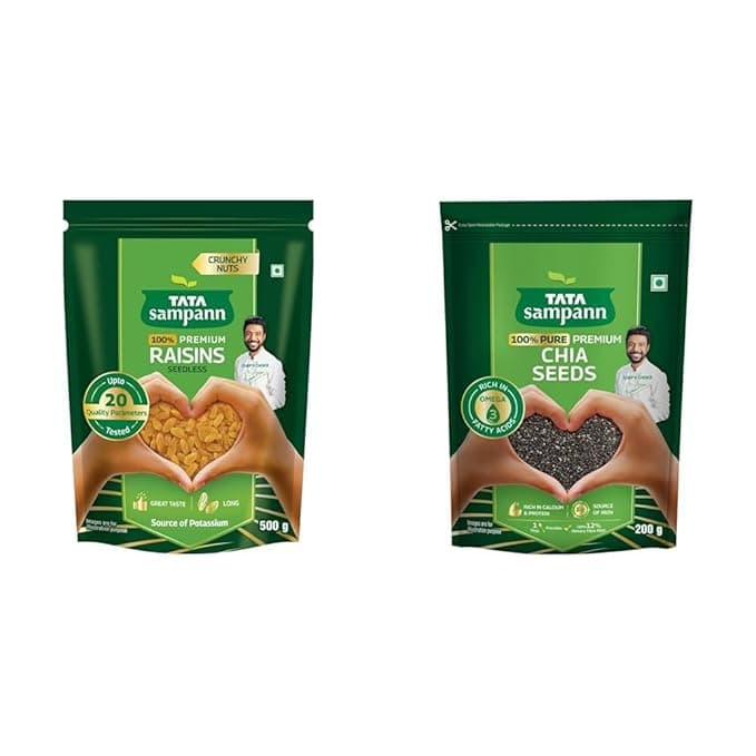 Tata Sampann Pure Raisins Seedless/Kishmish, 500g, Source Of Potassium, Premium Dry Fruits, + Tata Sampann Pure Chia Seeds, 200g, Rich in Calcium & Protein, Source of Iron, Trans Fat Free,